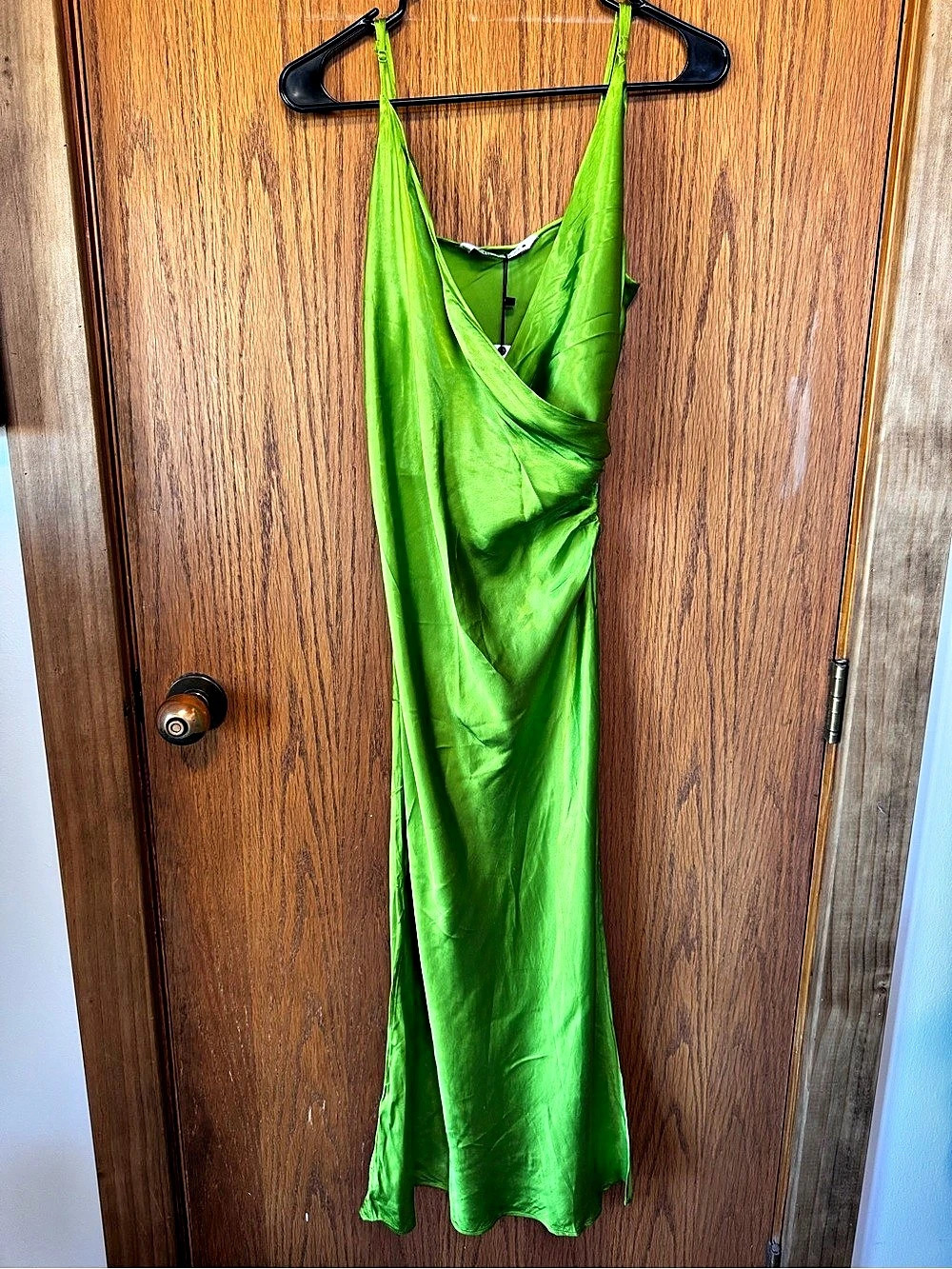 Zara Draped Satin Midi Dress Green Large NWT